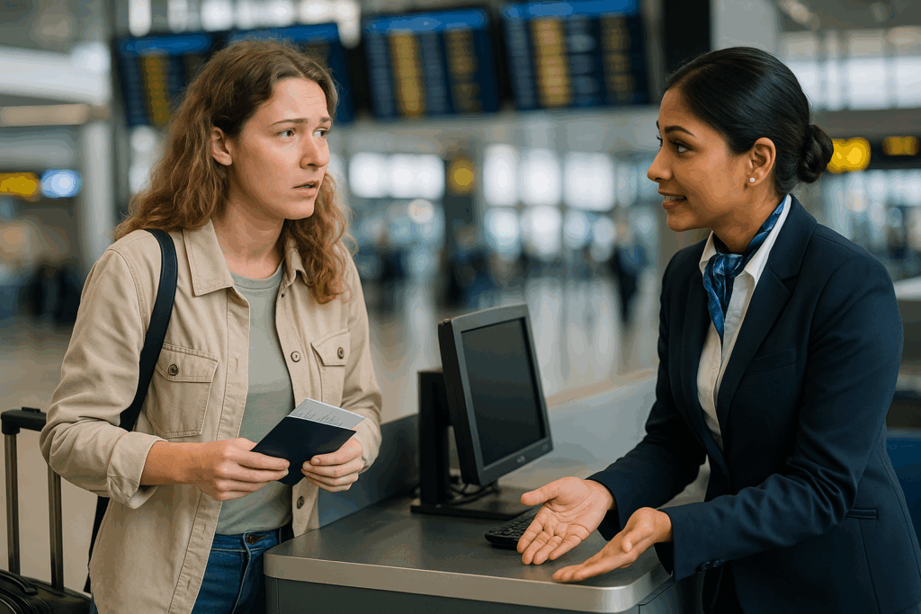 Travellers getting assistance for lost luggage issue