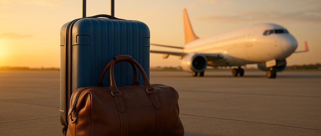 Suitcase and passport on airport tarmac at sunset
