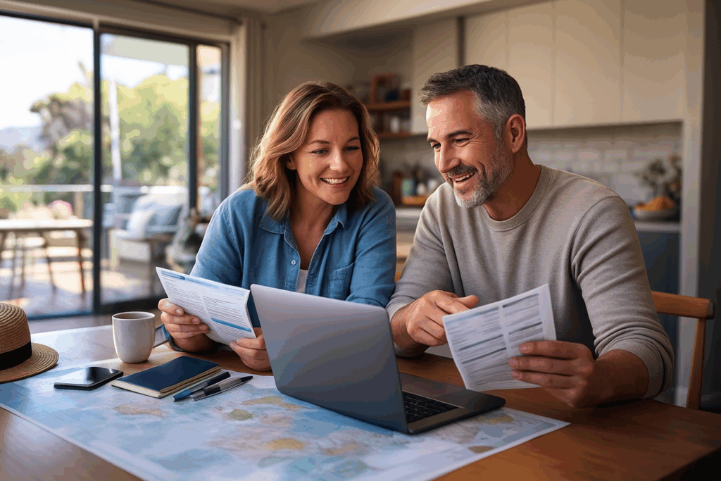 Australian couple comparing travel insurance options.