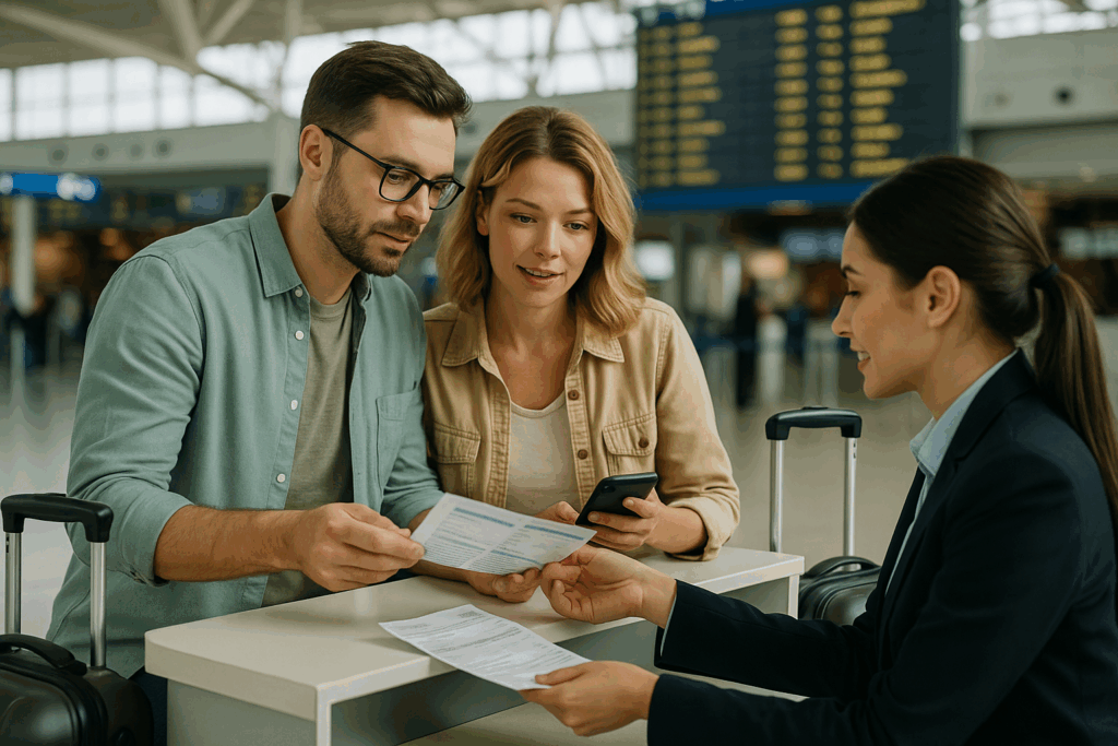 Travellers reviewing bookings at airport check-in counter